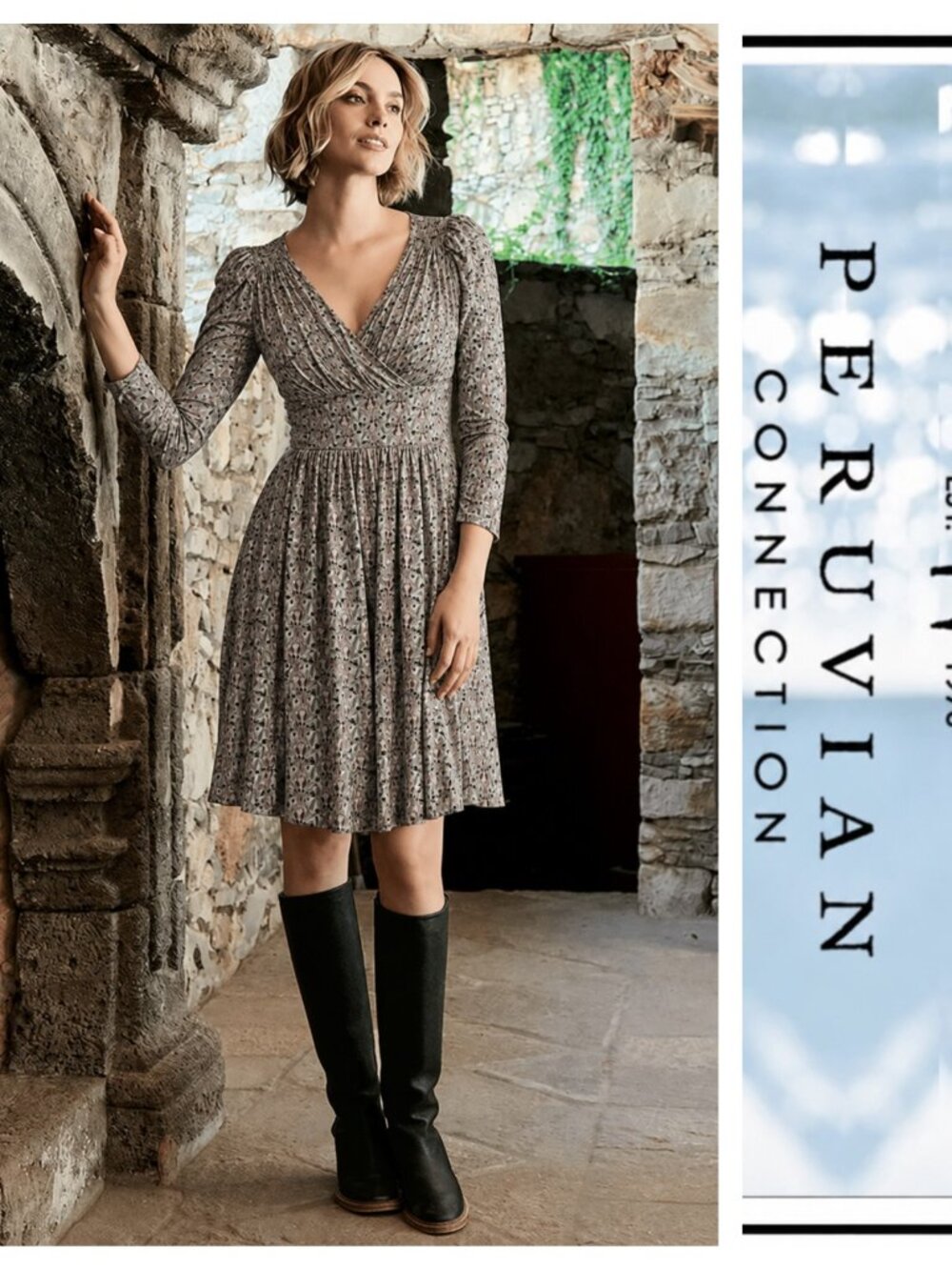 Peruvian Connection Falling Leaves Jersey Knit Faux Wrap Boho Fit Flare Dress XS